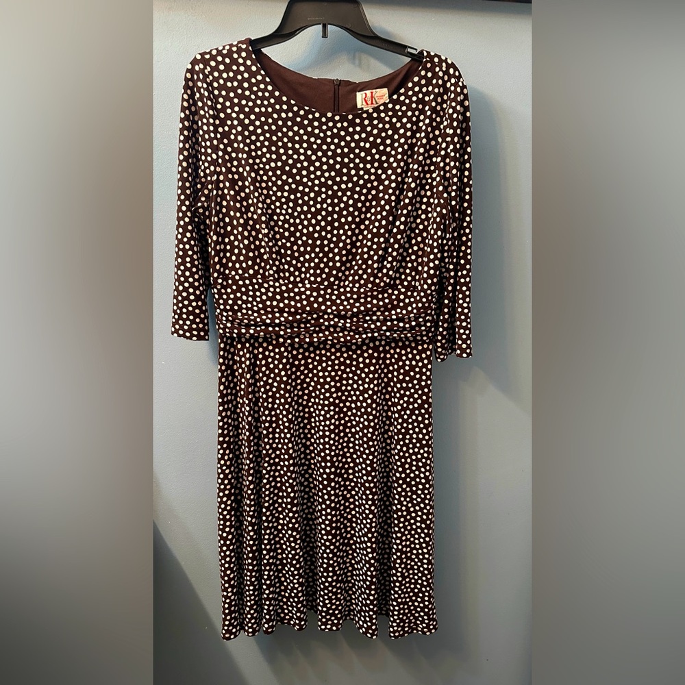 R&K Dress Brown w white polkadots sz 16 petite Empire waist 3/4 length sleeve